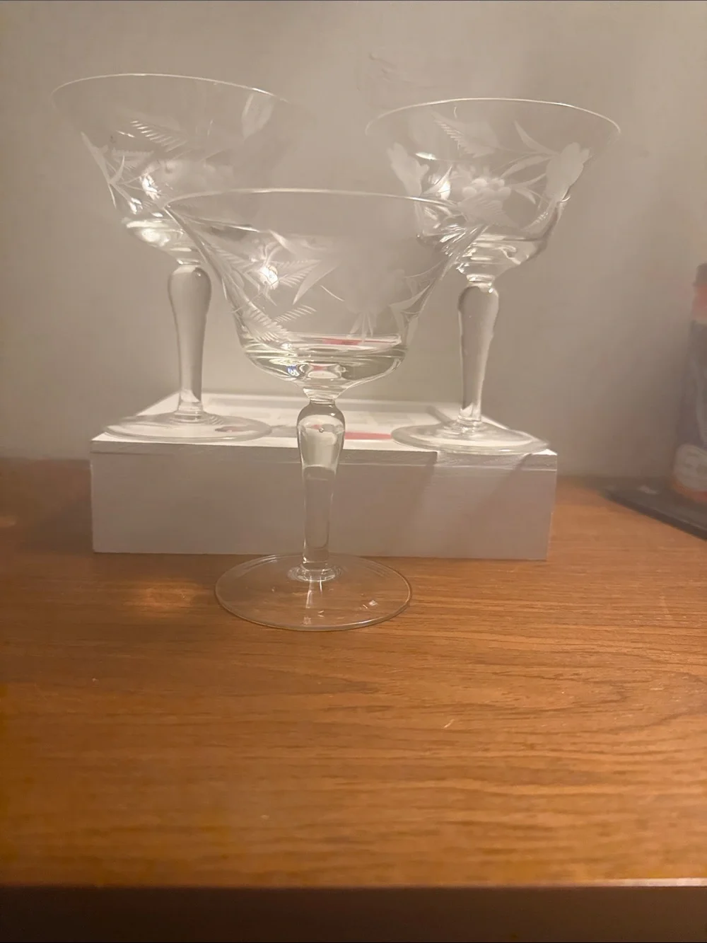 Vintage Glass Set of three Etched Goblets  Cornflower & Palm Leaf Design